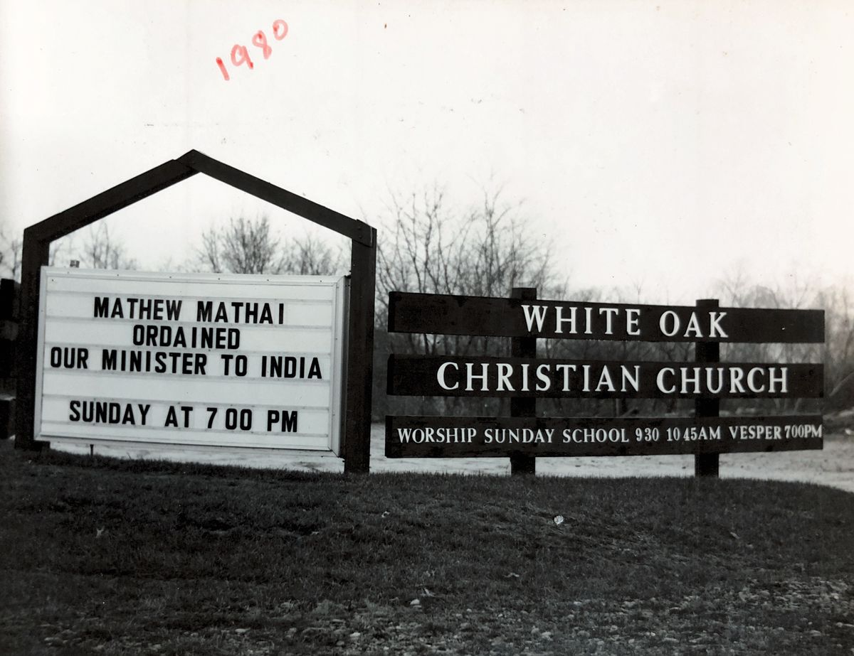 White Oak Christian Church sign announcing Mathew Mathai's ordination